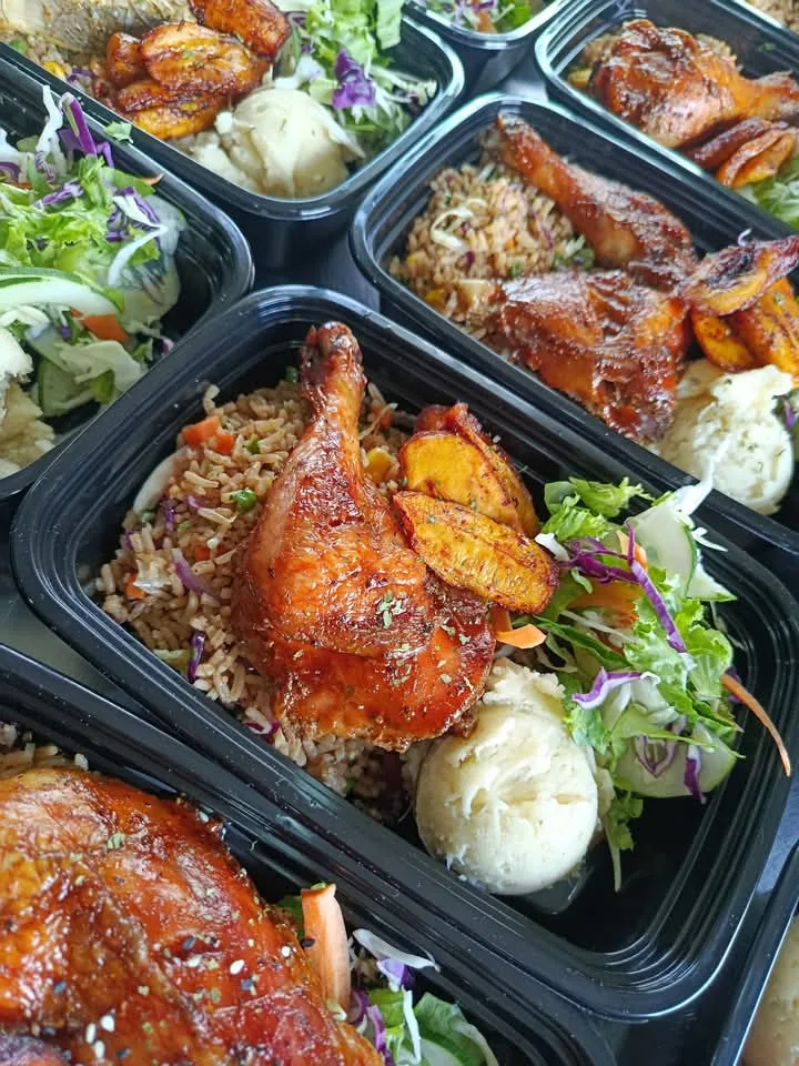 Multiple prepared food bowls arranged for service